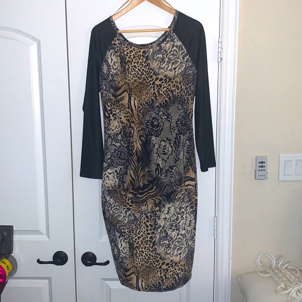 @Trendy Stretch Dress with Faux leather Sleeves@